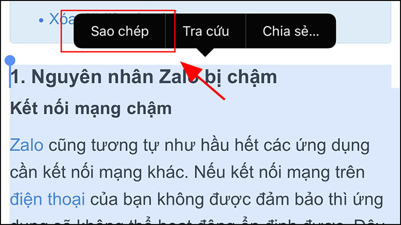 Chọn đoạn văn bản muốn sao chép, sau đó chọn Sao chép trên thanh màu đen vừa hiện